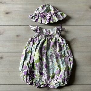 Janie and Jack Floral Baby Bubble Romper with Matching Sun Hat - Purple & Green
